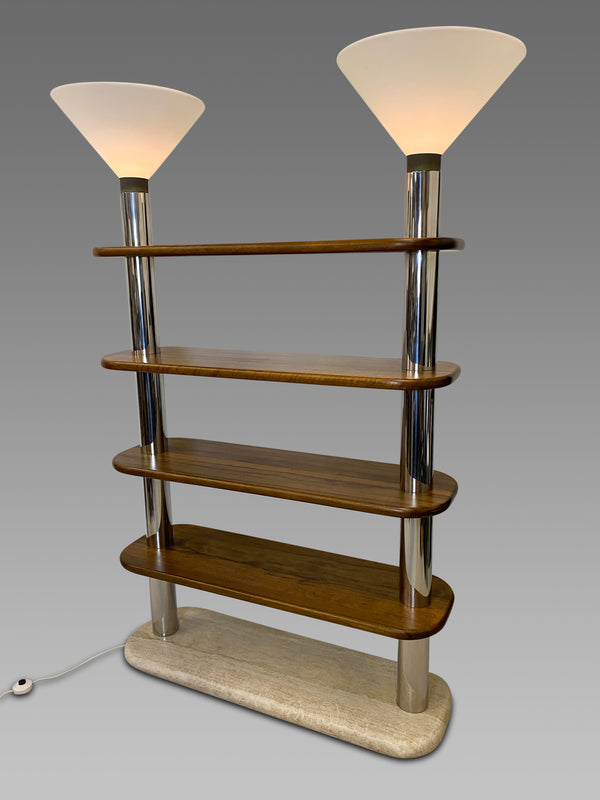 Italian Post Modern Travertine, Wood and Polished Stainless Steel Bookcase