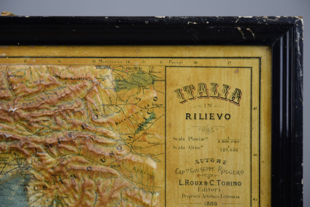 1889 Map of Italy in 3D Relief - Antique Map