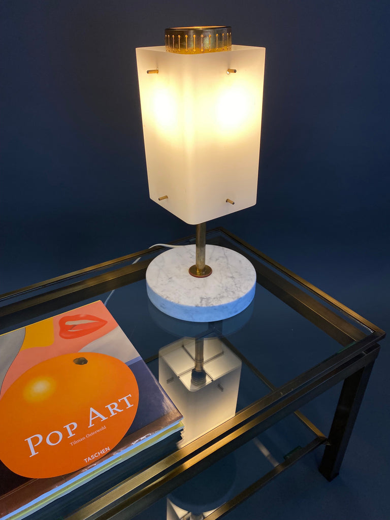 1960s Glass Brass & Carrara Marble Table Lamp Attributed to Stilnovo - Lighting