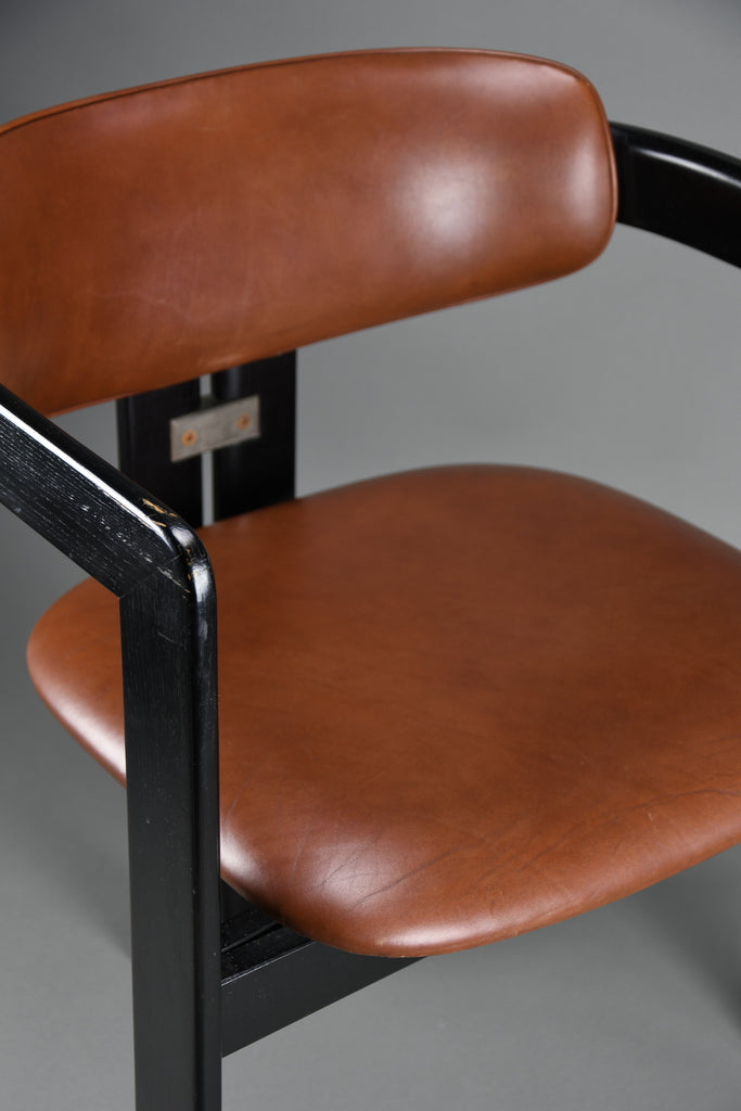 1960s Pamona armchair by Augusto Savini for Pozzi Italy – sculptural black lacquer & cognac leather - Furniture