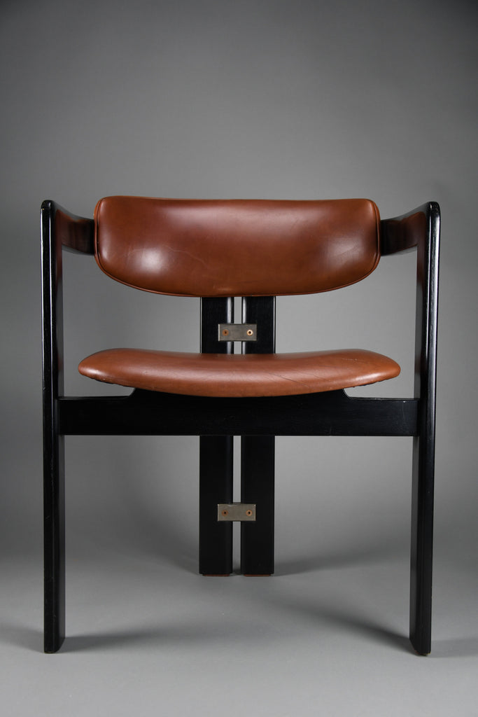 1960s Pamona armchair by Augusto Savini for Pozzi Italy – sculptural black lacquer & cognac leather - Furniture