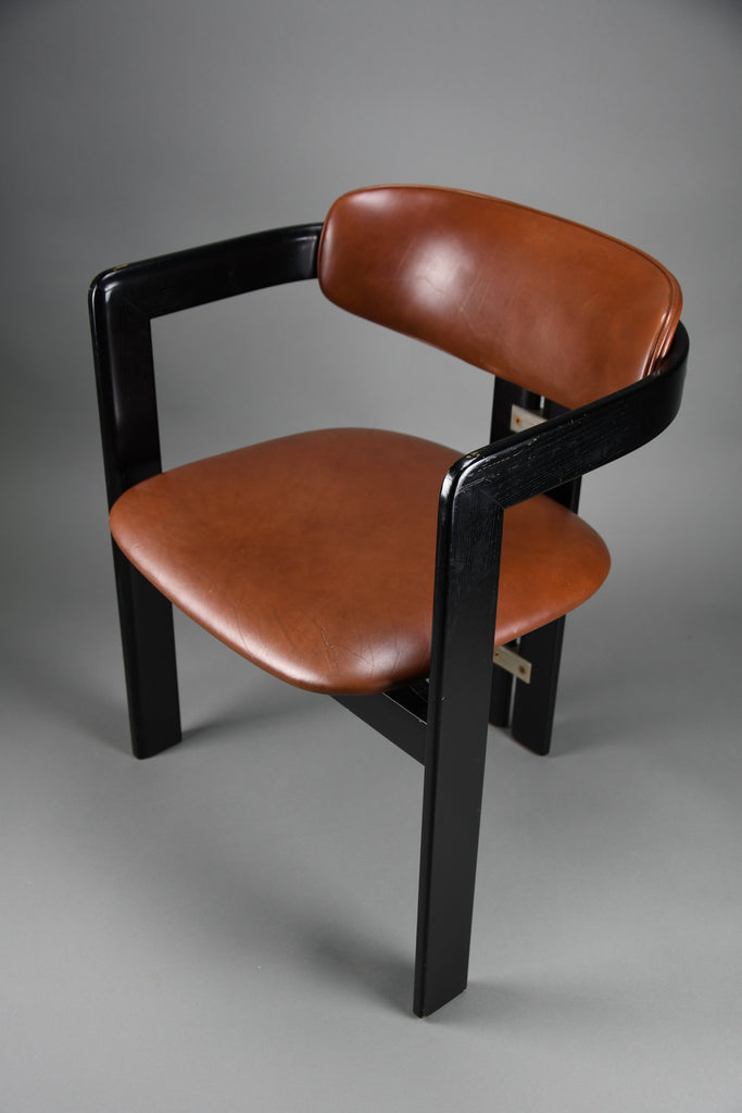 1960s Pamona armchair by Augusto Savini for Pozzi Italy – sculptural black lacquer & cognac leather - Furniture