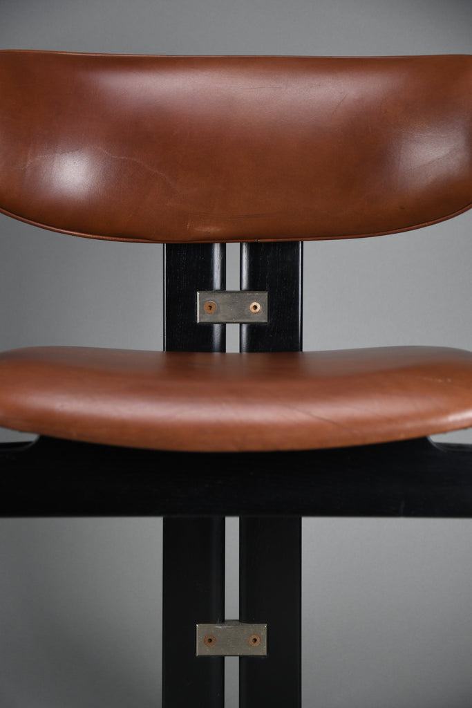 1960s Pamona armchair by Augusto Savini for Pozzi Italy – sculptural black lacquer & cognac leather - Furniture