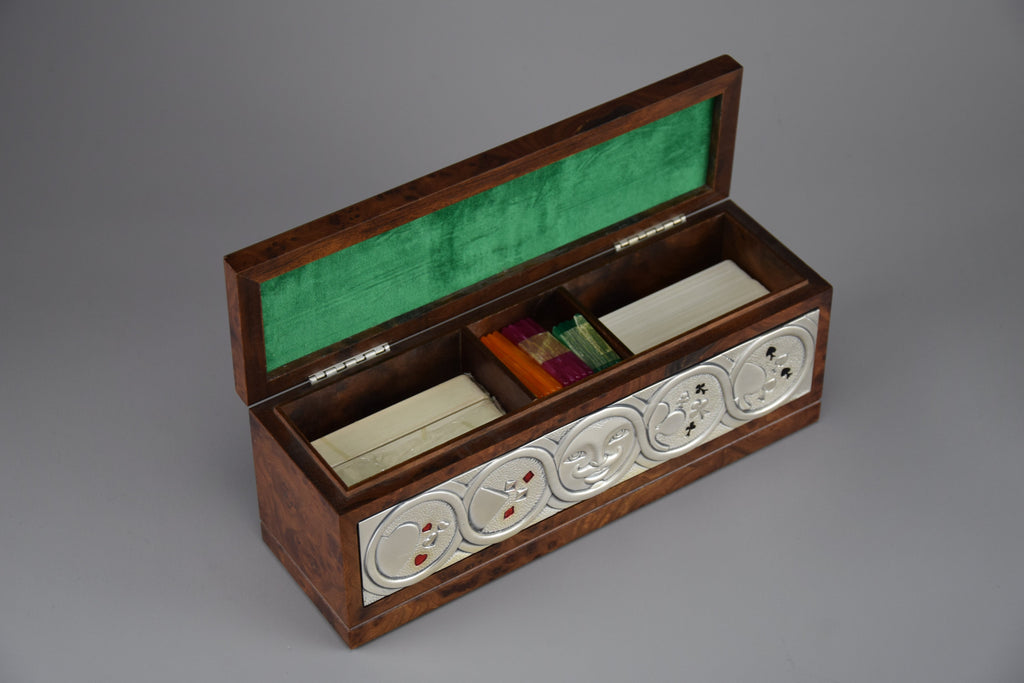 1980’s New old stock Italian Ottaviani Studio burl walnut silver and enamel poker set - Poker
