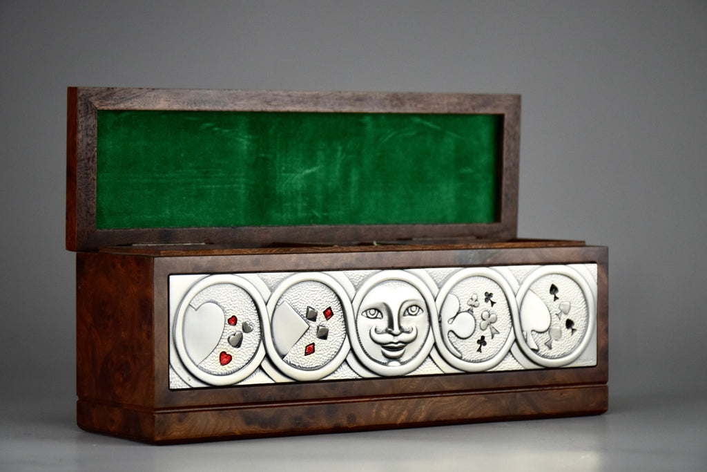 1980’s New old stock Italian Ottaviani Studio burl walnut silver and enamel poker set - Poker