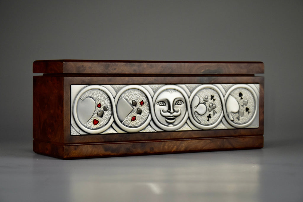 1980’s New old stock Italian Ottaviani Studio burl walnut silver and enamel poker set - Poker
