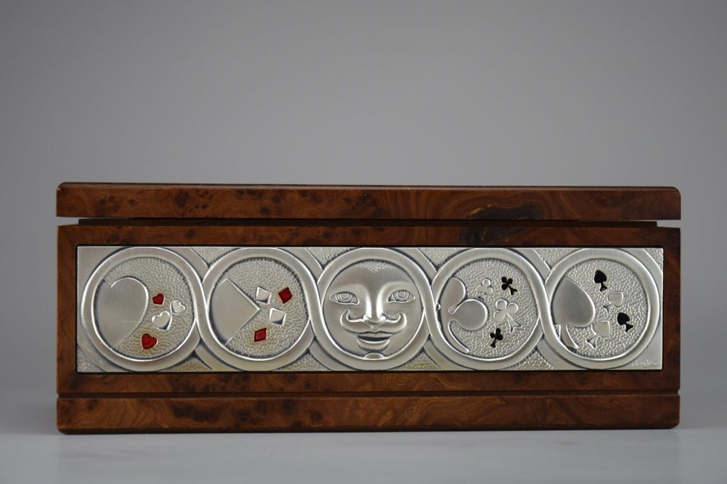 1980’s New old stock Italian Ottaviani Studio burl walnut silver and enamel poker set - Poker
