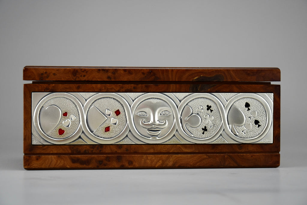 1980’s New old stock Italian Ottaviani Studio burl walnut silver and enamel poker set - Poker