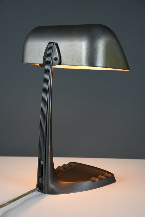 Erpé Model 52 Art Deco “Aviator” desk lamp with integrated pen tray & ashtray base — Belgium, 1930s