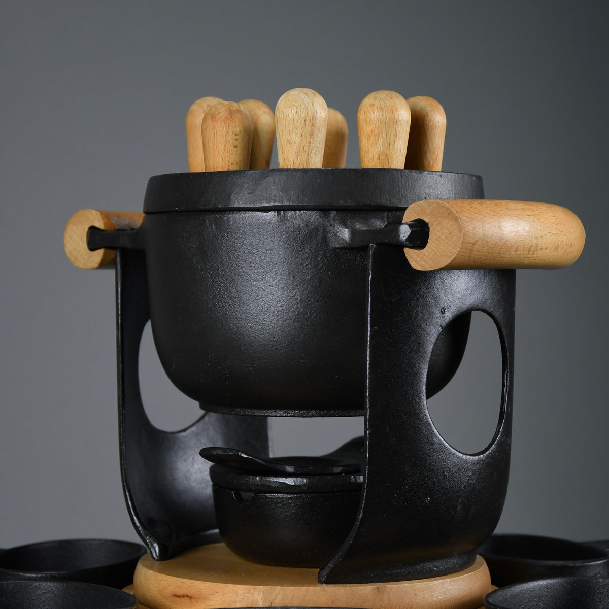 Mid-Century Modern Cast Iron and Wood Fondue Set by Richard Nissen