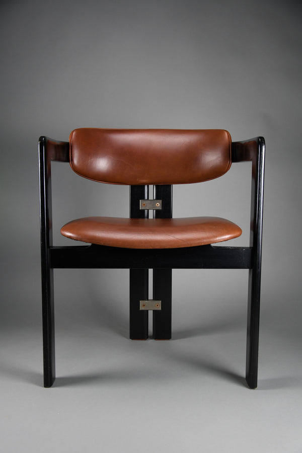 1960s Pamona armchair by Augusto Savini for Pozzi, Italy – sculptural black lacquer & cognac leather