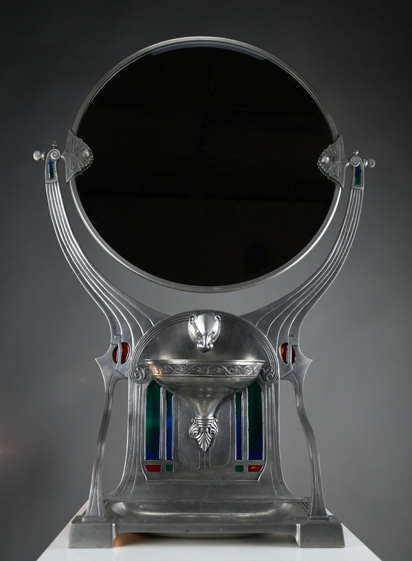 Monumental WMF Jugendstil Alpacca silver-plated vanity mirror with polychrome inlays, c. 1900