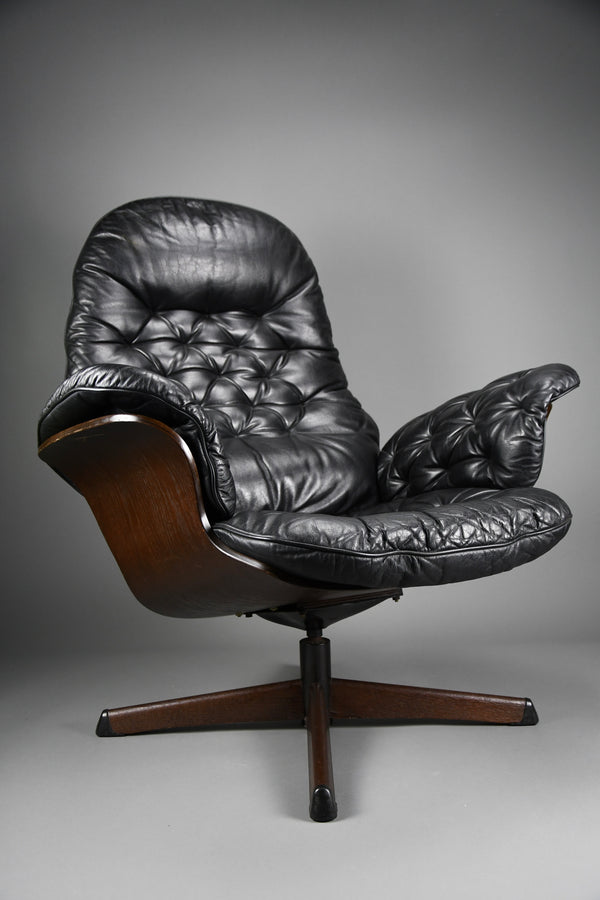Mid-Century Modern Swedish Black Leather Swivel Lounge Chair