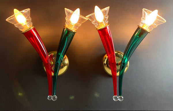 Ducale Hand Blown Green and Red Murano Glass Sconces by VeArt 1970