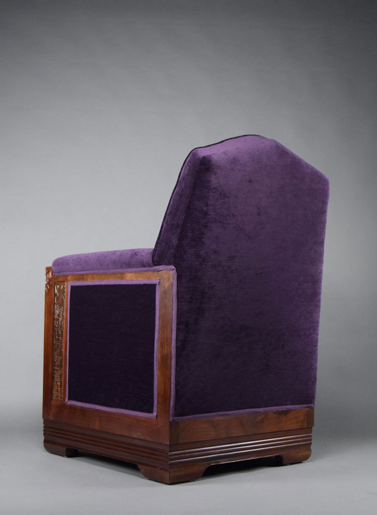 Art Deco Jatoba Wood and Purple Velvet Lounge Chair - Furniture
