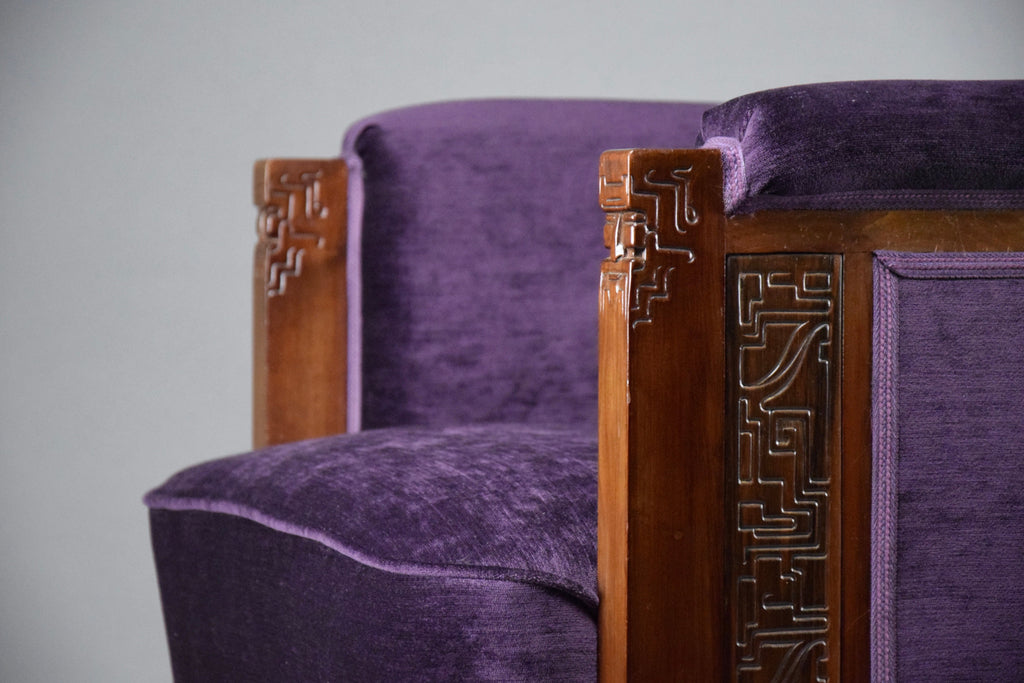 Art Deco Jatoba Wood and Purple Velvet Lounge Chair - Furniture