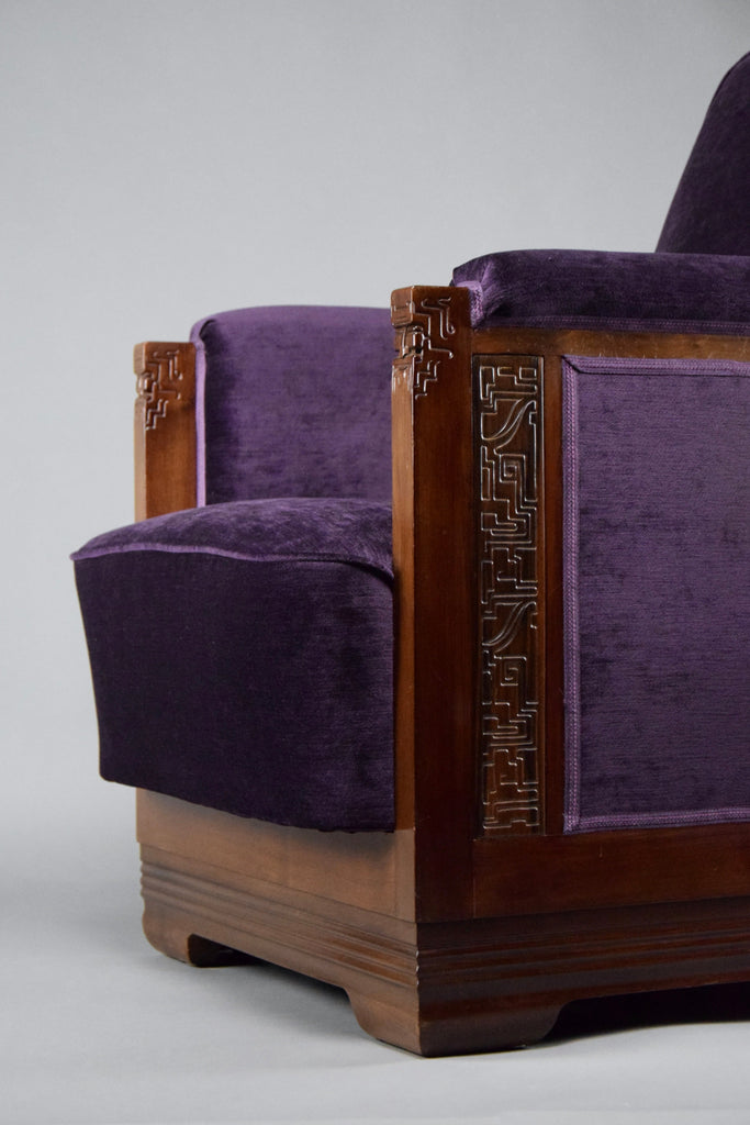 Art Deco Jatoba Wood and Purple Velvet Lounge Chair - Furniture
