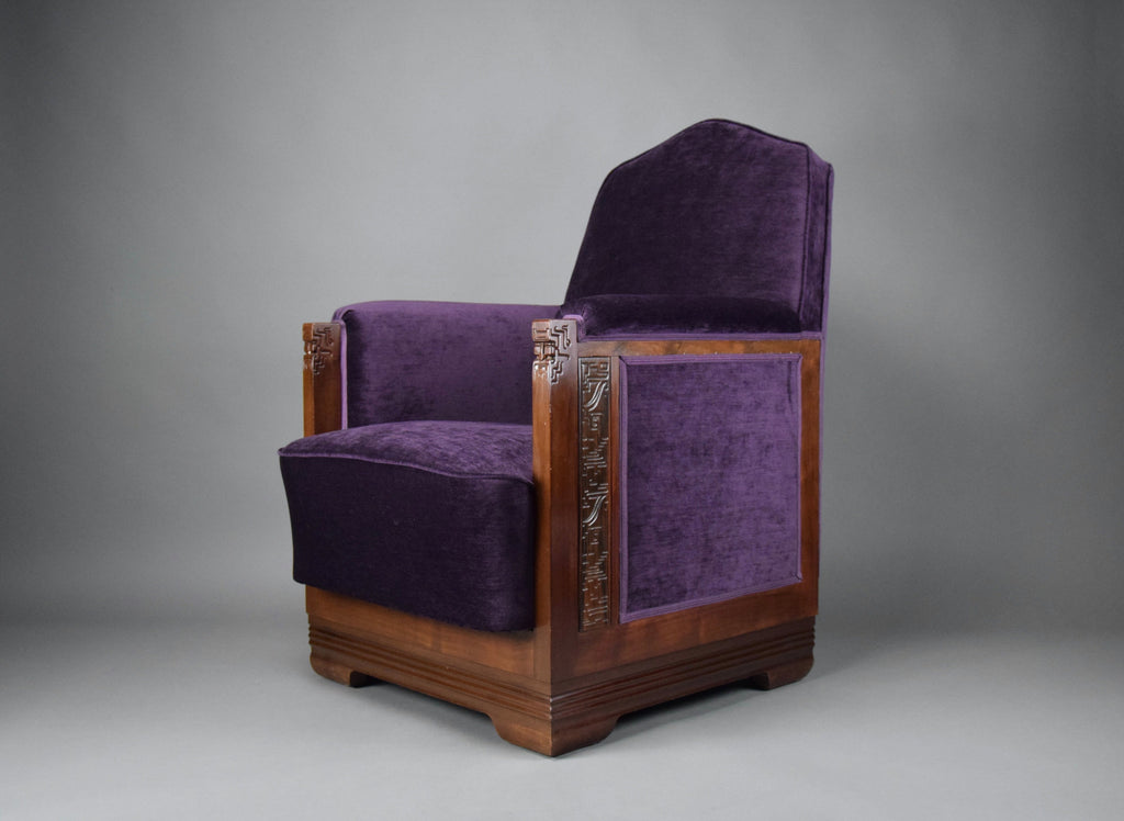 Art Deco Jatoba Wood and Purple Velvet Lounge Chair - Furniture