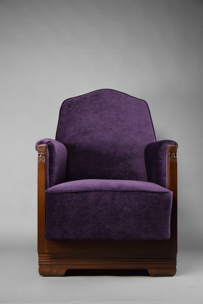 Art Deco Jatoba Wood and Purple Velvet Lounge Chair - Furniture