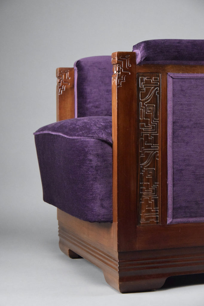 Art Deco Jatoba Wood and Purple Velvet Lounge Chair - Furniture