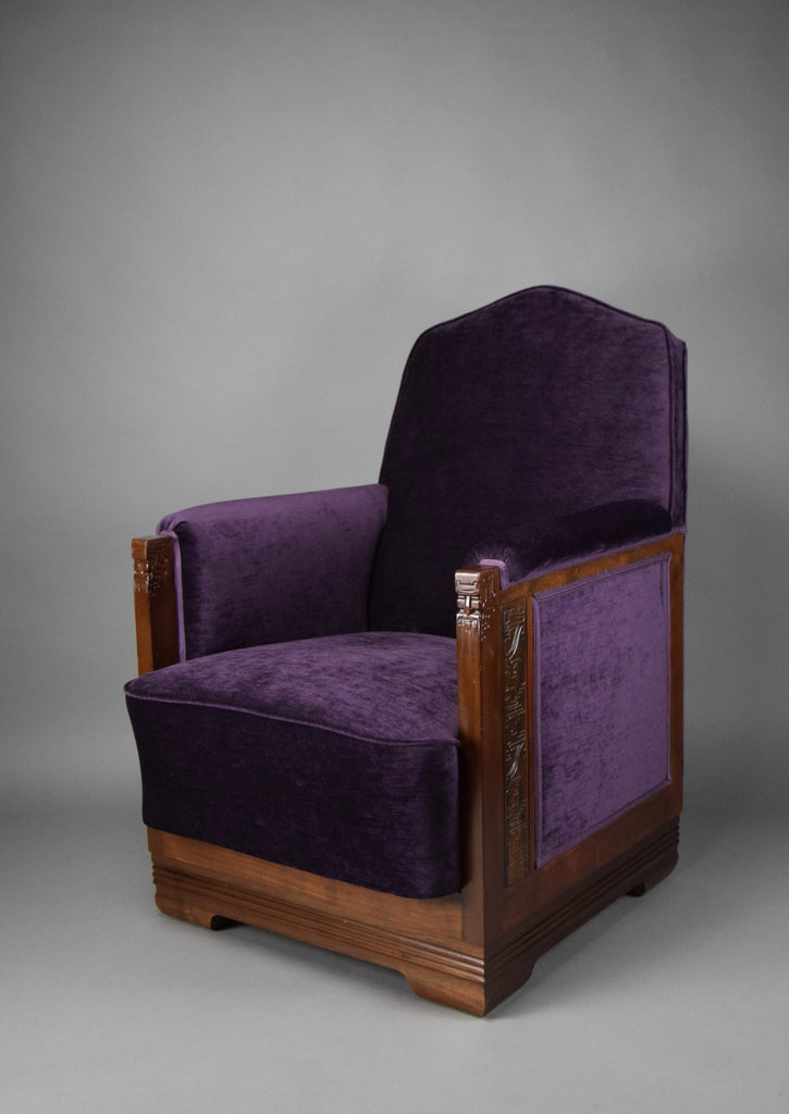 Art Deco Jatoba Wood and Purple Velvet Lounge Chair - Furniture