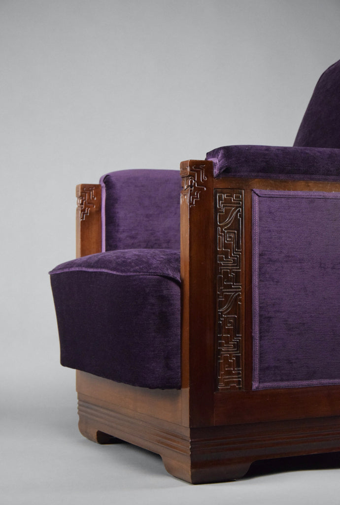 Art Deco Jatoba Wood and Purple Velvet Lounge Chair - Furniture