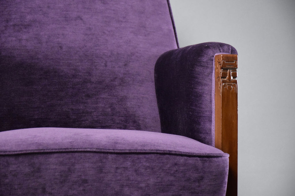 Art Deco Jatoba Wood and Purple Velvet Lounge Chair - Furniture