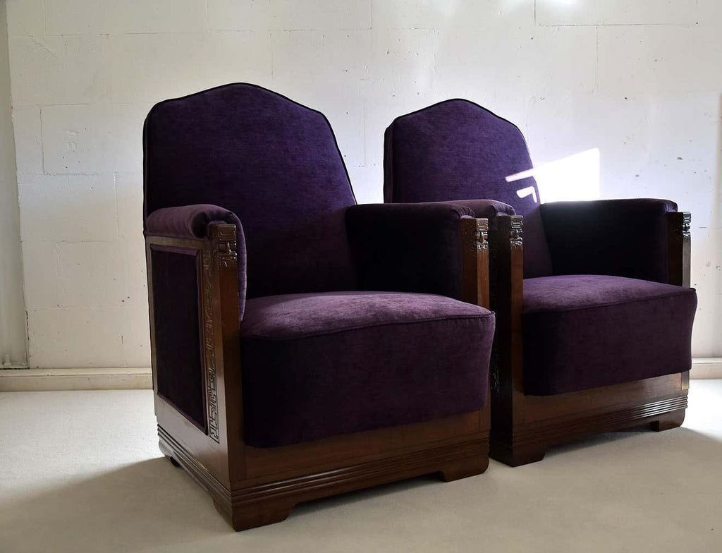 Art Deco Jatoba Wood Purple Velvet Lion Cachet Lounge Chairs - Furniture