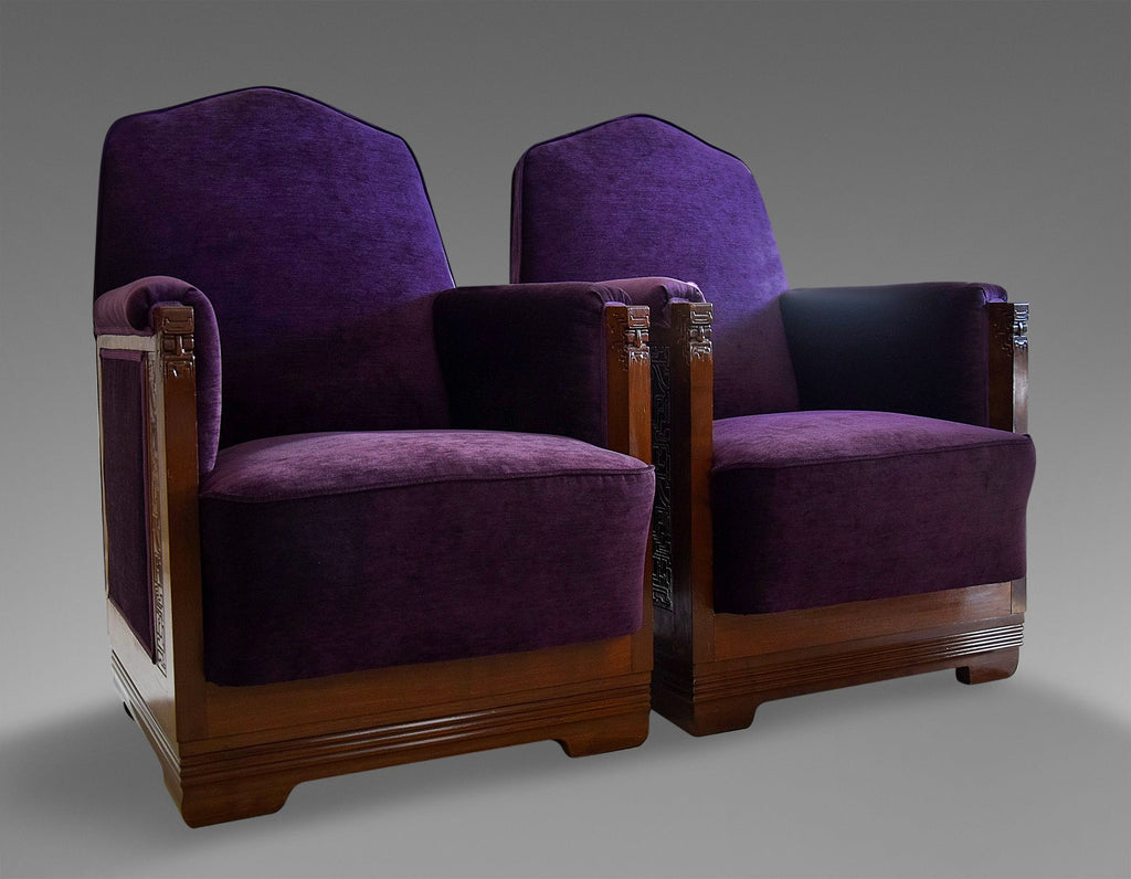 Art Deco Jatoba Wood Purple Velvet Lion Cachet Lounge Chairs - Furniture