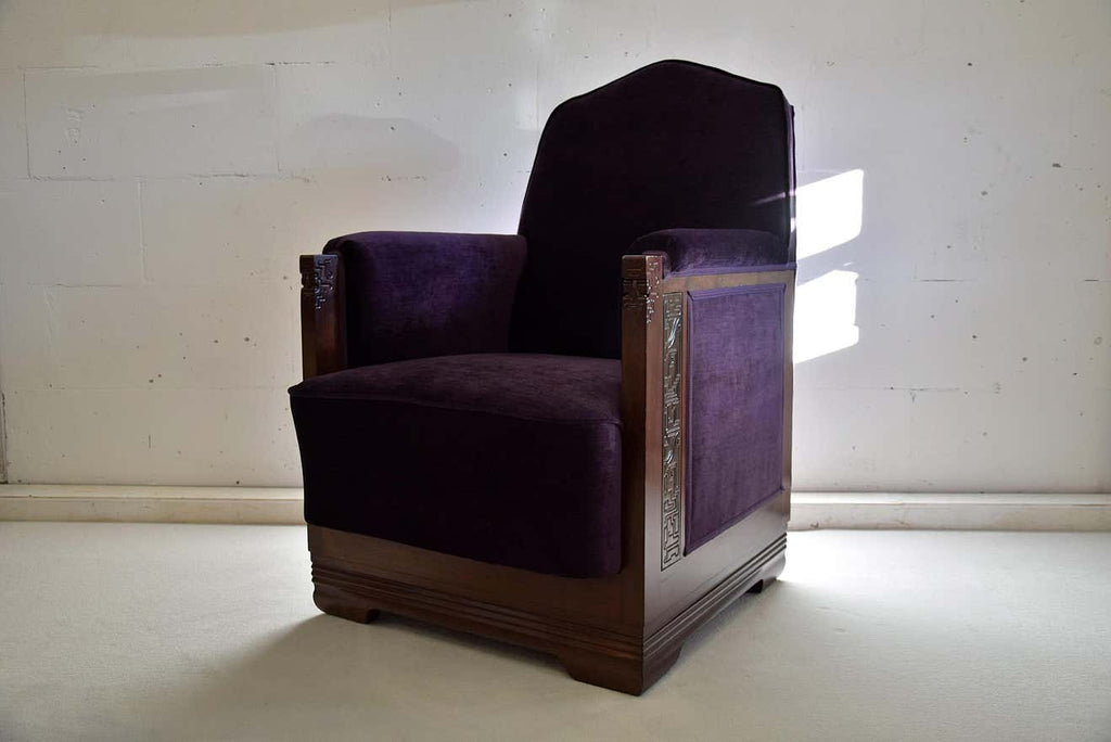 Art Deco Jatoba Wood Purple Velvet Lion Cachet Lounge Chairs - Furniture