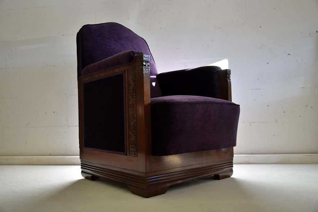 Art Deco Jatoba Wood Purple Velvet Lion Cachet Lounge Chairs - Furniture