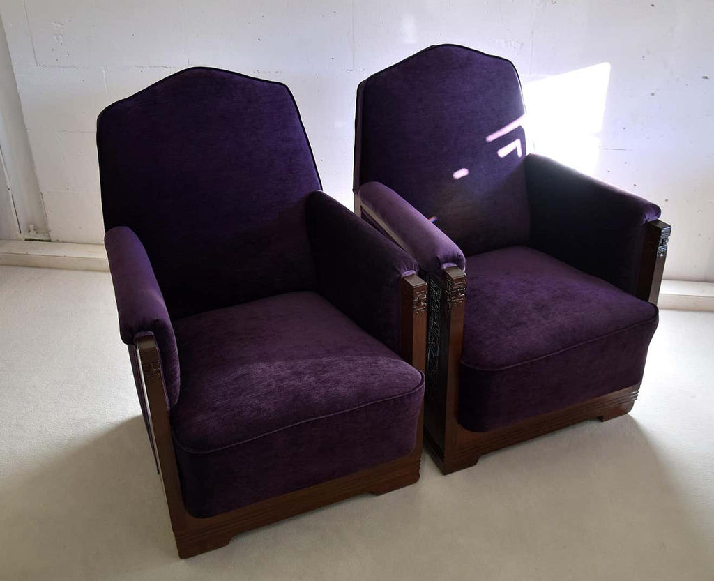 Art Deco Jatoba Wood Purple Velvet Lion Cachet Lounge Chairs - Furniture