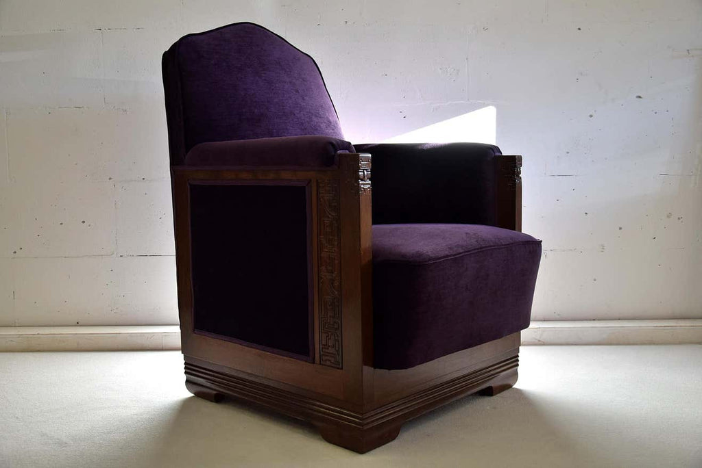 Art Deco Jatoba Wood Purple Velvet Lion Cachet Lounge Chairs - Furniture