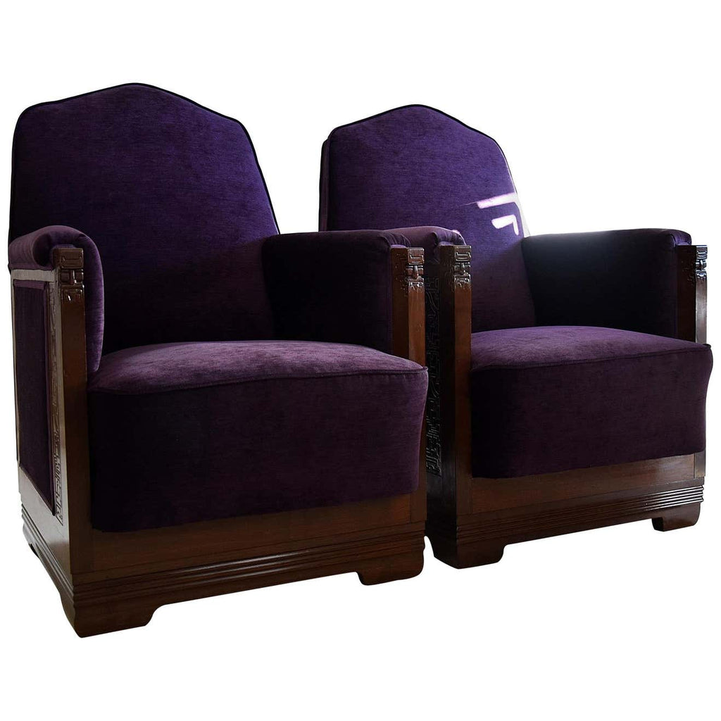 Art Deco Jatoba Wood Purple Velvet Lion Cachet Lounge Chairs - Furniture