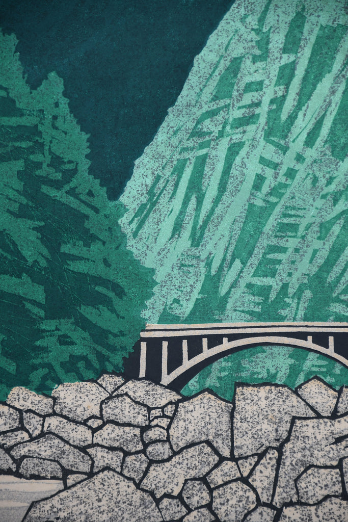 Bridge in the Valley, Limited Edition Japanese Woodblock Print by Fujita Fumio 1985 - Art