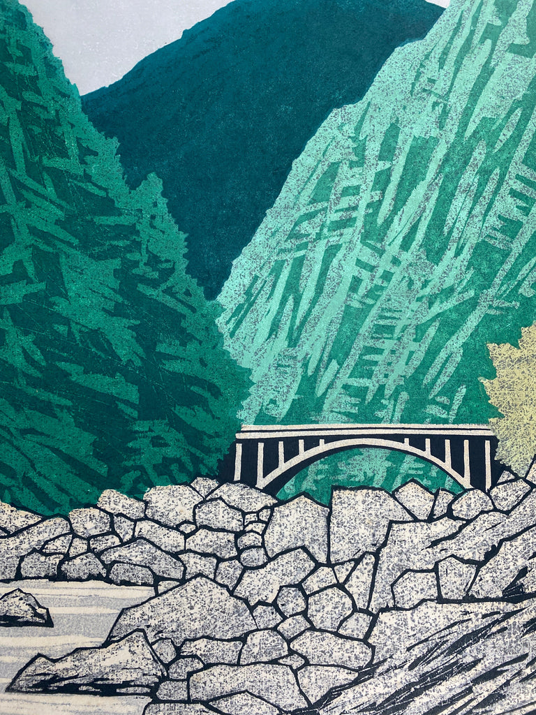 Bridge in the Valley, Limited Edition Japanese Woodblock Print by Fujita Fumio 1985 - Art