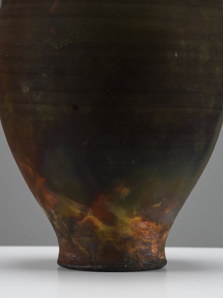 Bruce Johnson unique Raku ceramic vessel with brass detail 1999 - Art