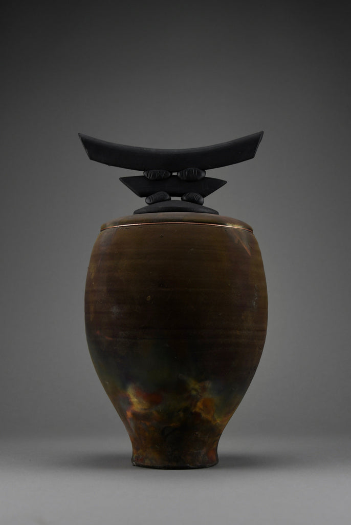 Bruce Johnson unique Raku ceramic vessel with brass detail 1999 - Art