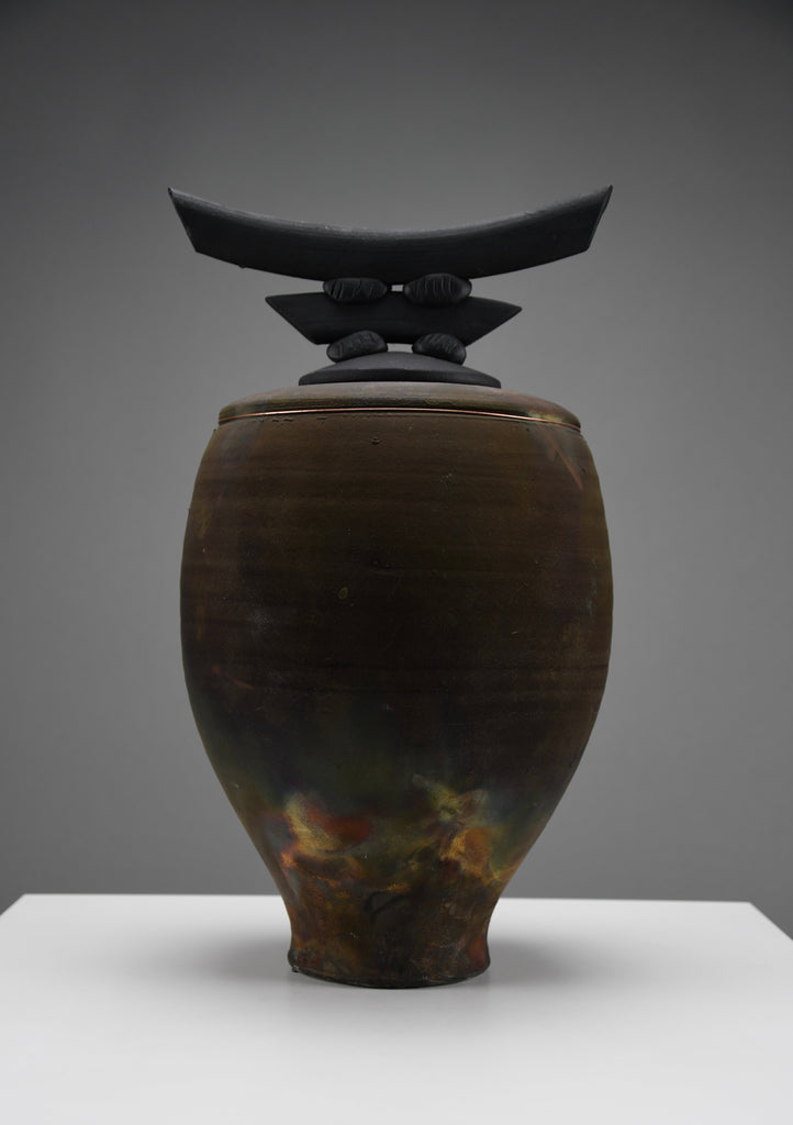 Bruce Johnson unique Raku ceramic vessel with brass detail 1999 - Art