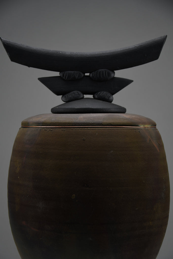 Bruce Johnson unique Raku ceramic vessel with brass detail 1999 - Art