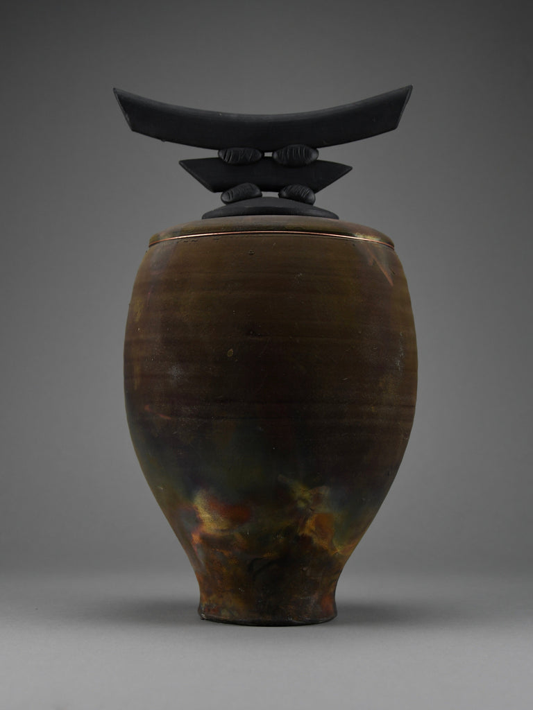 Bruce Johnson unique Raku ceramic vessel with brass detail 1999 - Art
