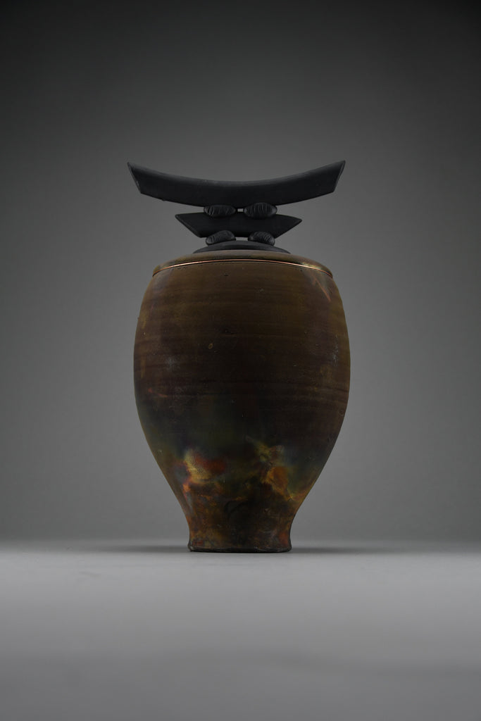 Bruce Johnson unique Raku ceramic vessel with brass detail 1999 - Art