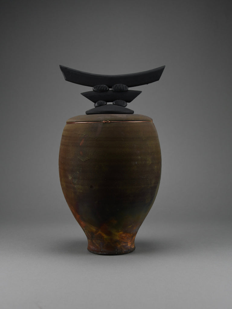 Bruce Johnson unique Raku ceramic vessel with brass detail 1999 - Art