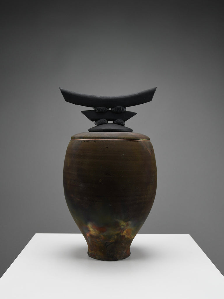 Bruce Johnson unique Raku ceramic vessel with brass detail 1999 - Art