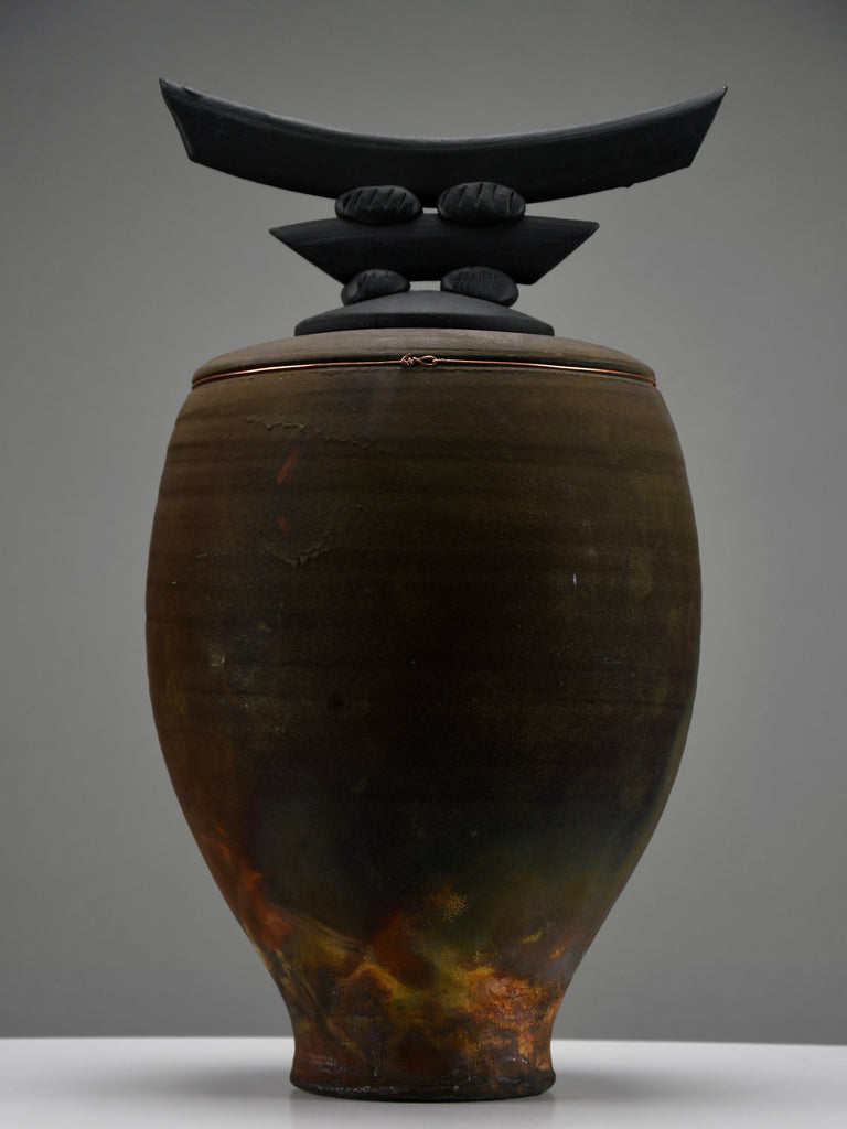 Bruce Johnson unique Raku ceramic vessel with brass detail 1999 - Art