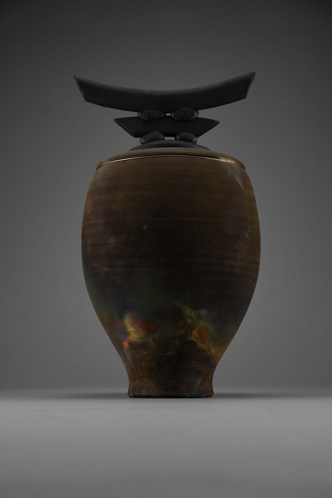 Bruce Johnson unique Raku ceramic vessel with brass detail 1999 - Art
