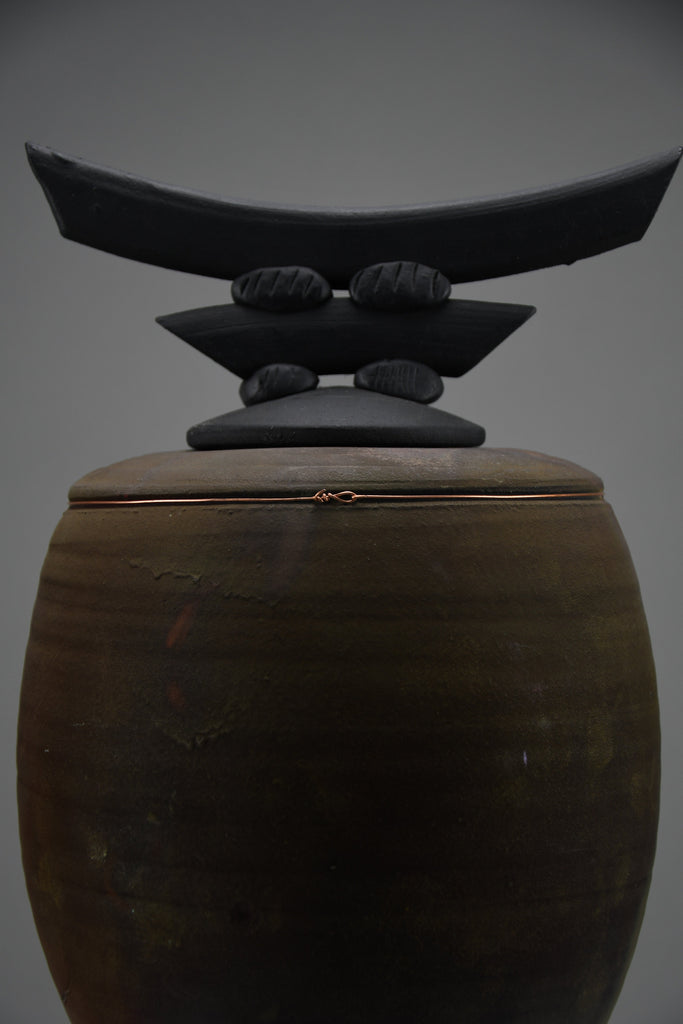 Bruce Johnson unique Raku ceramic vessel with brass detail 1999 - Art