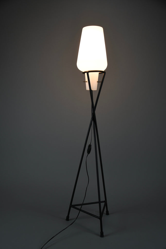 Elegant mid century floor Lamp black painted Iron lamp with milk glass shade - Lighting Floor