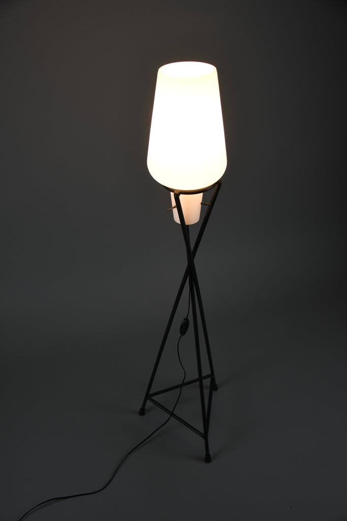 Elegant mid century floor Lamp black painted Iron lamp with milk glass shade - Lighting Floor