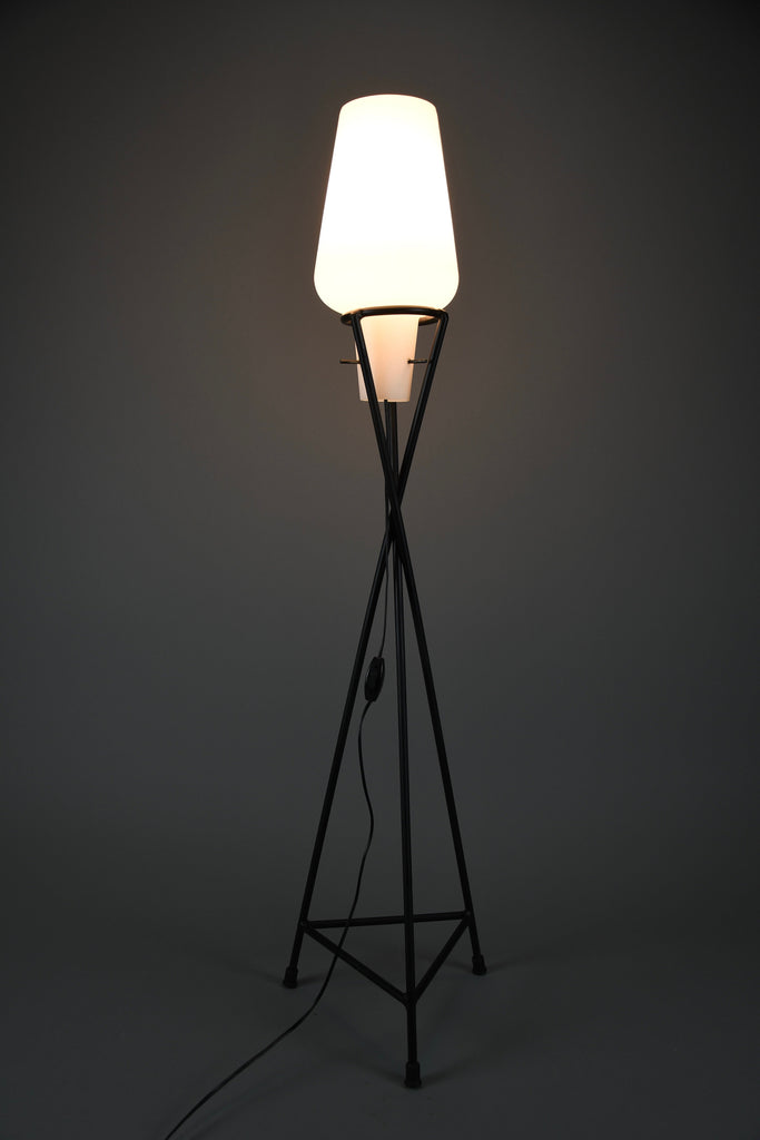 Elegant mid century floor Lamp black painted Iron lamp with milk glass shade - Lighting Floor